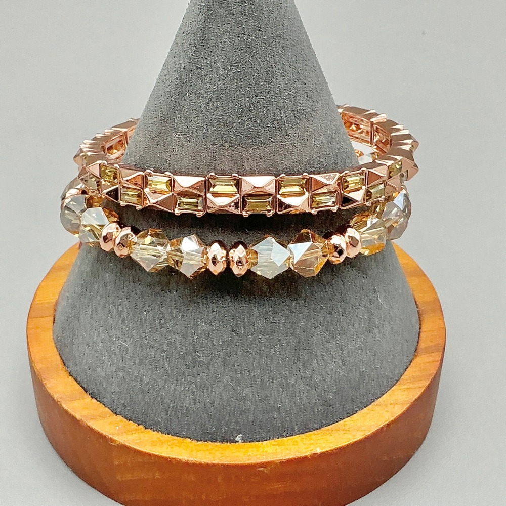 Bomb Party Bracelets Rose Gold Champagne Crystal Stretch Stack Set of 2 7"